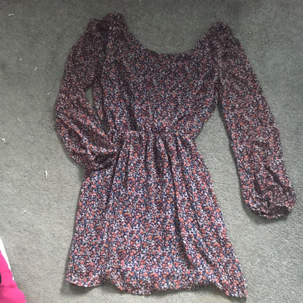 Navy and Orange Floral Flowy Dress, Size XS